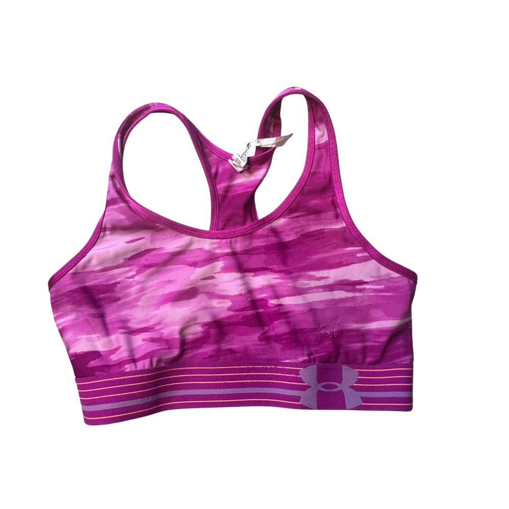Under Armour Sports Bra Womens Medium Purple Watercolor Camo HeatGear Racerback